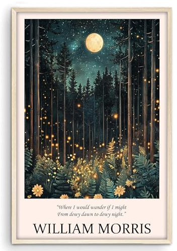 Eastern Print Night Forest Wall Art, William Morris Poster Quote, Fern Large Artwork For Living Room, Botanical Artwork For Bedroom, Fireflies Nature Poster And Print, Serene Wall Art, Unframed 24x36
