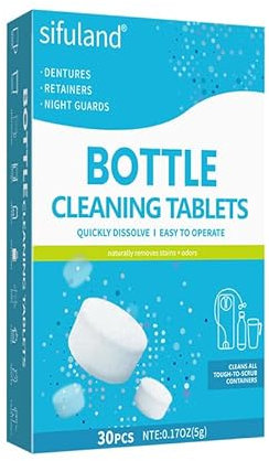 Bottle Cleaning Tablets - 30 Count No Scrub Water Bottle Cleaner for Coffee Mugs, Thermoses, Plastic/Glass Bottles - Fast Dissolving, Safe for All Materials, Individual Packaging