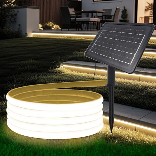 HEGEHE Ruban LED COB Solaire, Bande LED IP65 Etanche Néon Extérieur, 8 modes, Super Lumineux 320 LEDS/M Flexible Bande lumière pour Clôture, Jardin & Cour (Blanc naturel, 10M)