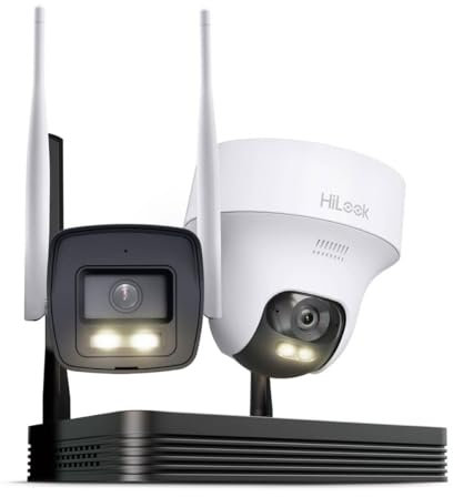 HiLook WLAN Überwachungskamera Set Außen | 4MP Bullet + PT Turret Kameras | WiFi NVS mit Micro-SD-Slot | Outdoor Kamera Komplettset | Menschen- & Fahrzeugerkennung | Nachtsicht | 2-Wege-Audio