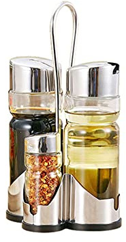 TFixol Seasoning Bottle Set Condime Holder Seasoning Rack Four-in-One Oil Vinegar Dispensers Salt Pepper Shakers Glass Cruet Set with Convenie Caddy Stand Stainl Steel Tops Silver