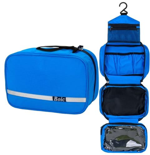 Boic Mens Hanging Toiletry Bag, Upgrade Large Travel Toiletries Bag, Blue | Folding Portable Cosmetic Washbag for Men Makeup Bag with 4 Compartments for Business Trip, Gym and Vacation