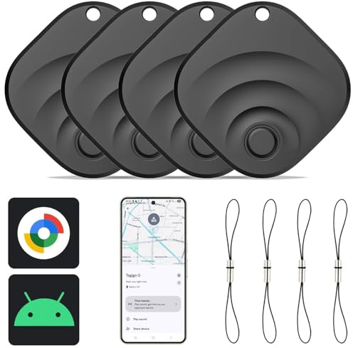 Reyke Tracker Android, Smart Tag Bluetooth, Localizzatore Chiavi | Compatibile con Google Find Hub, Solo Android, per Chiavi, Bagagli, Valigie e Portafogli, Nero, 4 Pezzi