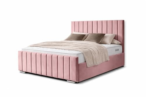 Plush Divan Bed Frame with Storage, 46-Inch Upholstered Headboard, 20-Inch Footboard, Contemporary Design, Small Double (Pink, 4ft)