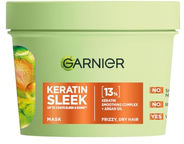 Garnier Keratin Sleek Hair Mask, For Frizzy Prone Dry Hair, 370ml | Up To 3 Days Of Sleek and Shine, With 13% Keratin Smoothing Complex, For Frizz Prone and Dry Hair, Long Lasting Sleek Look
