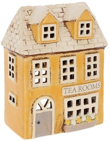 Lescale Furnishings Ceramic Yellow Village Tea Room Candle Holder – Decorative Tealight House with Tiled Roof, Dormer Windows & ‘Tea Room’ Sign – Ideal for Shelves & Windowsills (19×14×8 cm)