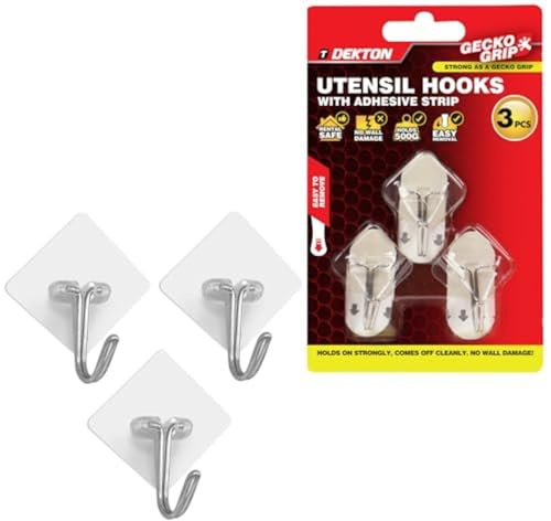 Dekton Geckogrip Utensil Hooks 3pc Chrome - Strong Adhesive Wall Hooks, Rental Safe, Holds up to 500g, Easy to Apply & Remove - Ideal for Kitchen Utensils & Household Storage