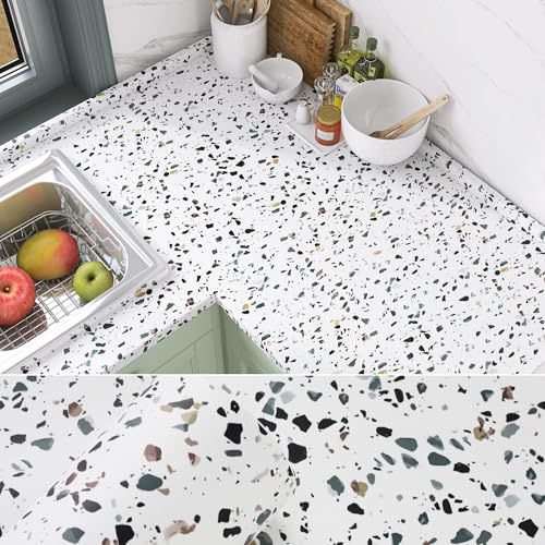 White Matt Terrazzo Effect Worktop Vinyl Covering Sticky Back Plastic Roll, Thick Heat Resistant Contact Paper Self Adhesive Vinyl Wrap for Kitchen Worktop, Self Adhesive Wallpaper Furniture Stickers