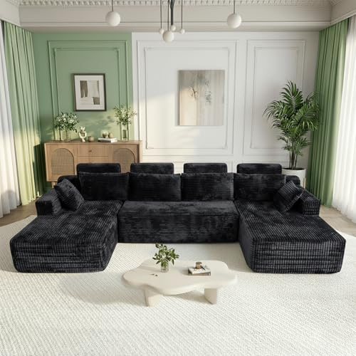 134 Boneless Couch for Living Room, Oversized U Shaped Modular Cloud Sofa with Deep Seat, Ergonomic Memory Foam Sleeper Chair, Comfy Fluffy Corduroy Sectional Couches, No Assembly, Black