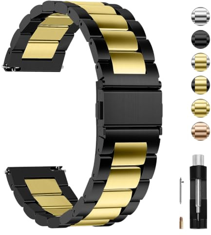 Fullmosa Uhrenarmband 20mm Edelstahl für Traditonale Uhren und Smartwatchs | Schwarz+Golden Metallarmband mit Schnellverschluss für Damen Herren Wechsel Ersatzband，20mm