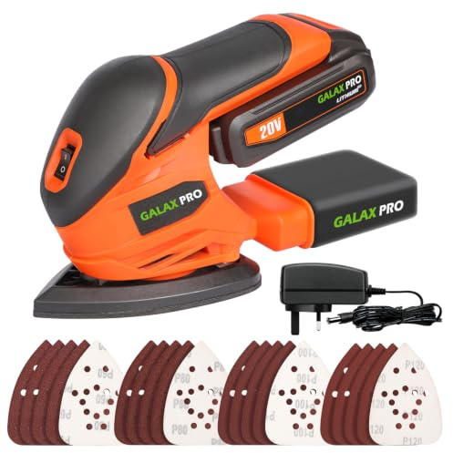 GALAX PRO 20V Cordless Detail Sander, Dust Collector, 20Pcs Sandpaper | 12000 RPM Handheld Sander With Dust Collection, Orange Compact Tool For Tight Corner Sanding & Household Decoration Projects