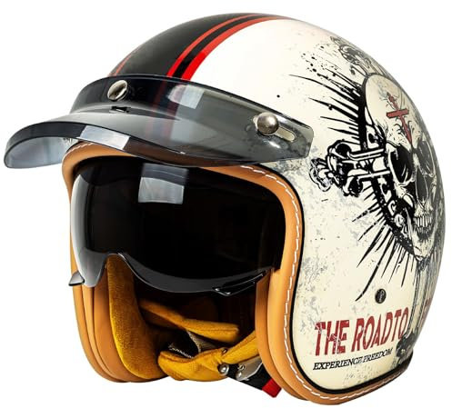 Casque De Moto Unisexe Casques Bols ECE Homologué, Classic Casque Moto Jet Vintage, Casques à Face Ouverte avec Visière, Casques Mobylette Rétro Homme