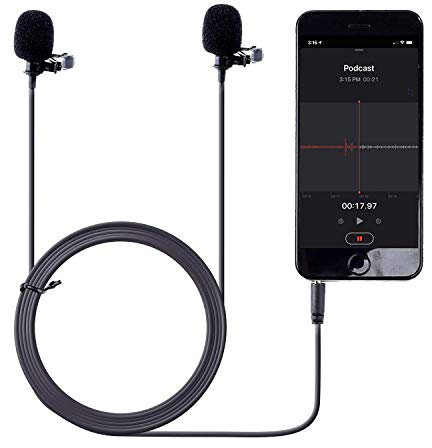 Movo PM20 Dual-Headed Lavalier Lapel Clip-on Omnidirectional Condenser Microphone for Apple iPhone, iPad, iPod Touch, Android and Windows Smartphones