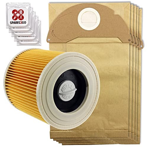 SPARES2GO Hoover Filter Bags Set for KARCHER IPX4 MV2 WD2 Wet & Dry Vacuum (Pack of 5 Dust Bags, 1 Filter, 5 Freshener)