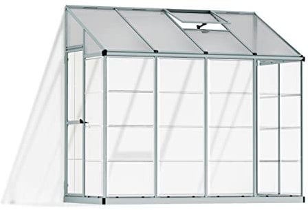 Palram - Canopia 4x8 Lean-To Greenhouse for Outdoors, Hobby Walk-In UV Polycarbonate Panels Heavy Duty Aluminum Frame, Lockable Door, Adjustable Roof Vent, Rain Gutters, Galvanized Steel Base, Hybrid
