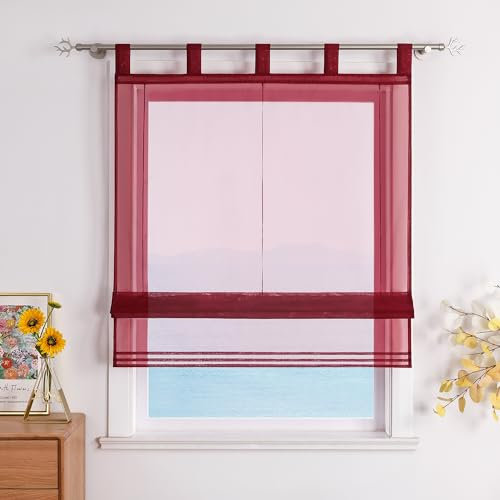ESLIR Raffrollo mit Schlaufen Raffgardinen Gardinen Küche Transparent Schlaufenrollo Vorhänge Modern Voile Weinrot BxH 140x155cm 1 Stück