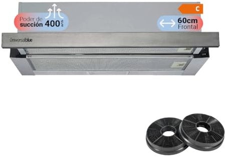 UNIVERSALBLUE Campana Extractora Telescópica o Extraíble 60 cm Acero Inox | Extractor Aire y Humo para Cocina con Filtros de Aluminio Extraíbles | Control Mecánico | 2 Velocidades