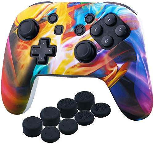 YoRHa Studded Transfer Pringt Silicone Cover Skin Case Only for OFFICIAL Switch Pro Controller x 1(Colourful Stream) With Pro Thumb Grips x 8