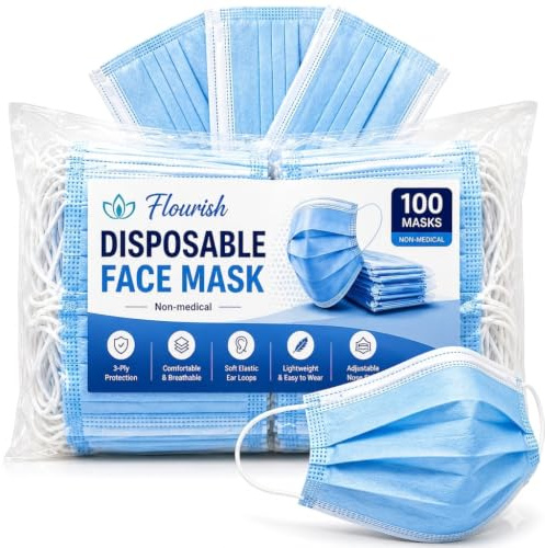 Flourish Disposable 3 Layer Face Masks x 100 – Face Coverings with Ear Loops, Adjustable Nose Clip, UK Stock