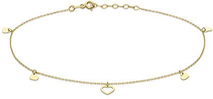 CARISSIMA Bracelet de cheville ajustable en or jaune 9 carats pour femme, 4.8mm x 4mm, coeur ouvert et fermé, 23cm/9-25.5cm/10.