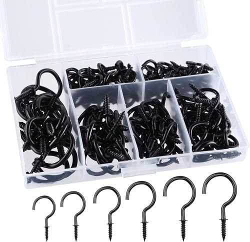 ASTARON 130 Stück Schraubhaken Schwarz, Cup Haken Deckenhaken aus Metall Einschraubhaken aus Nickelplatte Becherhaken zum Aufhängen von Pflanzen, Bechern, Multi Größe