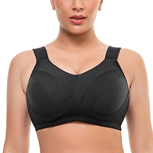 WingsLove Women’s High Impact Sports Bra Underwire Padded Full Coverage Bra Back Adjustable Plus Size Bras Bounce Control Fitness Gym(Black 44DD)