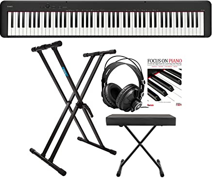 Casio CDP-S160 88 Keys Digital Piano (Black) Bundle with Keyboard Stand, Bench, Headphones and Book