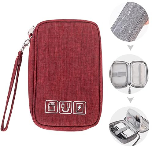 Small Electronic Accessories Organizer, Handhled Acopton Universal Compact Travel Digital Accessories Storage Bag for Portable Charger, Cables, Earphone, Cord, SD Card, Phone (Red)
