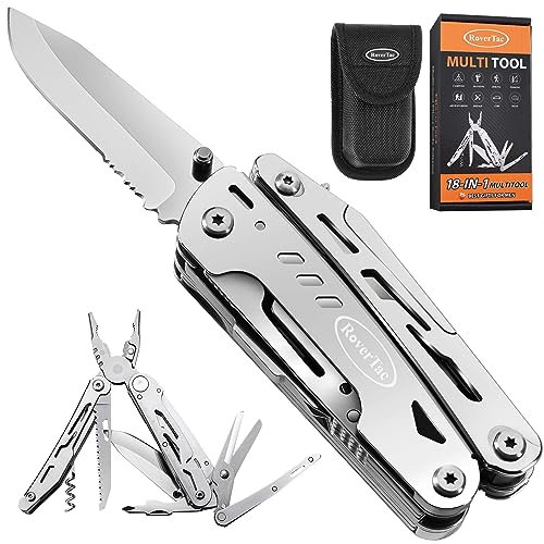 RoverTac Multi Strumento Coltello Tascabile Regali per uomini Papà Marito 18 in 1 Pinze Multitool Forbici Sega Cavatappi Apribottiglie Confezione da 9 cacciaviti Blocco di sicurezza Guaina in nylon