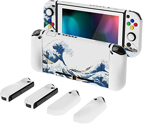 PlayVital AlterGrips Case für Nintendo Switch Konsole Joy Con, Hülle Zubehör Schutzhülle Tasche, Ergonomische Grip Joycon Cover mit Schutzfolie&Joystick Kappen-Die große Welle
