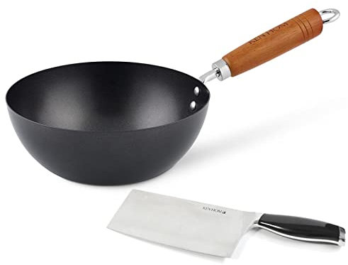 Ken Hom kleiner Antihaft Mini Karbonstahl Wok 20 cm mit Holzgriff - Wokpfanne ohne Induktion - Set inkl. Hackmesser 18 cm