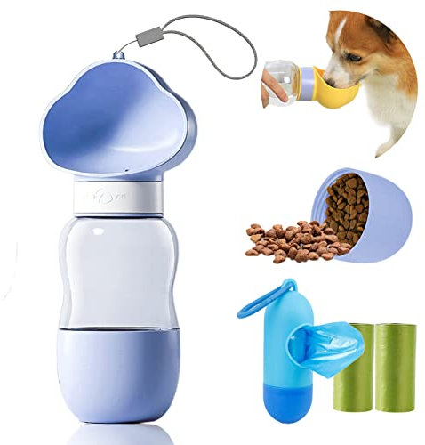 Hund Wasserflasche, Praktischer Hundewasserspender, Lecksichere Puppy Wasserschale, Haustier Wasserflasche mit Hundefutter Behälter, Hundekotbeutel mit Spender zum Gehen, Wandern und Reisen. (Lila)