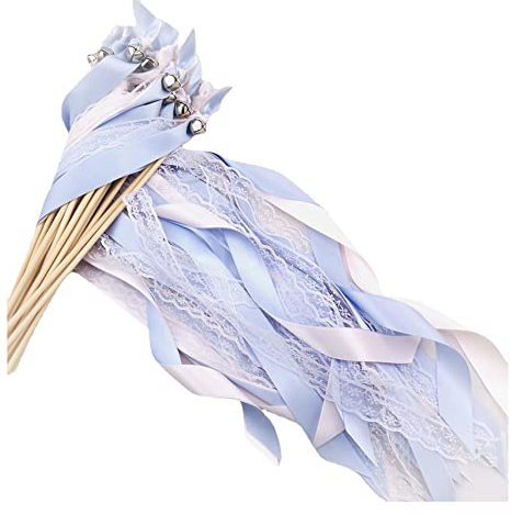Yurosiay 30 Stück Wedding Wands Glöckchen Hochzeit Zauberstäbe Mit Buntes Satinband Weiße Spitze Luftschlangen Hochzeit Feenstäbe Glücksstäbe Hochzeit Seidenfeenstab für Hochzeiten Party Blau