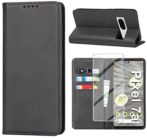 Handyhülle für Google Pixel 7A Hülle mit Displayschutzfolie, Schutzhülle Pixel 7A 5G PU Lederhülle Wallet Kartenfach Standfunktion Stoßfest Klapphülle für Google 7A Flip Case Cover (Schwarz)