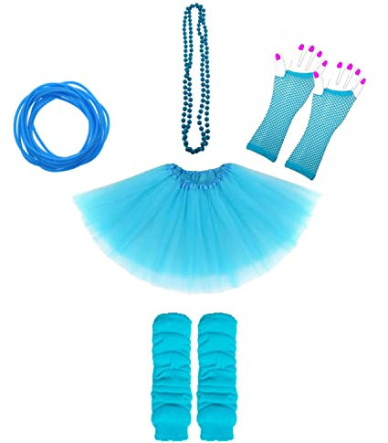 Lizzy 5Pc Neon Costume (Leg Warmers + Fishnet Gloves + 3Layer Tutu + Beads Necklace + Gummy Bracelet) Set | 80s Neon Teen Fancy Dress Dance ware Hen Party Accessory (Light Blue, Ladies)