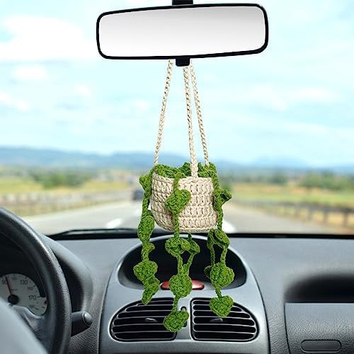 Häkel-Hängepflanze für Auto niedliche Topfpflanzen gehäkelte Dekoration Autospiegel hängende Zubehör Rückansicht Ornament hängende Boho handgefertigt gestrickter Anhänger
