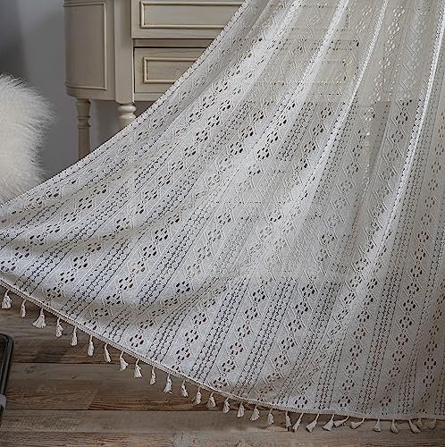 Koudi Vintage Vorhänge Landhausstil Häkeln Stricken Handgemacht Beige Gardinen mit Quaste, Geometrie Boho Baumwolle Leine Vorhang für Küche Wohnzimmer Schlafzimmer, 1 Stück, B150 x H160cm
