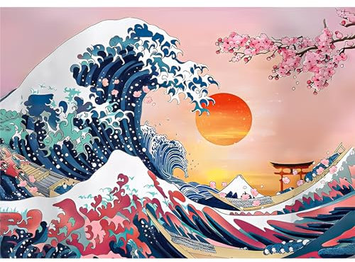 DAERLE 5D DIY Diamond Painting Kit Completo Fiori di ciliegio, Onde Quadro Diamant Painting Fai-da-te, Pittura Diamante Strass Ricamo a Punto Croce Painting per Decorazioni Casa 40x30cm Paesaggio