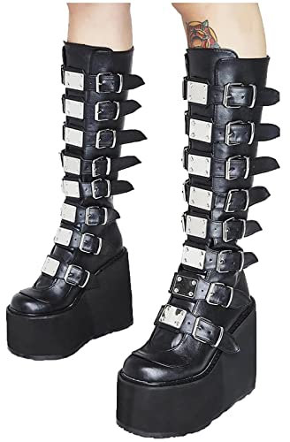 Damen Goth Plateau-Stiefel, Kniehoch, Schwarz, Gothic-Style, Klobiger Absatz, Holografische Schnallen, Halbwade, Schnürung, Kampfbotas