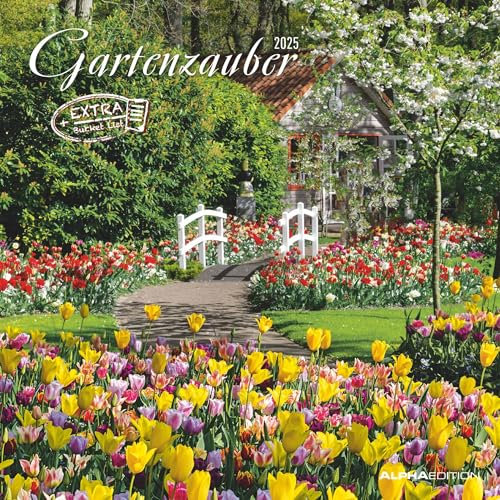 Alpha Edition - Gartenzauber 2025 Broschürenkalender, 30x30cm, Wandkalender mit Platz für Notizen und Termine, hochwertige Bildmotive, Mondphasen, Monatsübersicht und Ferientermine DE/AT/CH