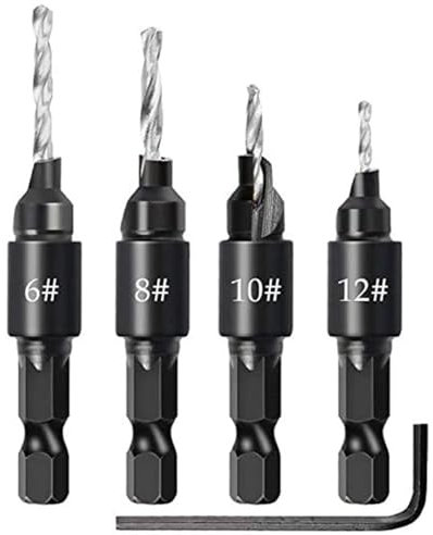 Meichoon Broca avellanadora 4 unidades de vástago hexagonal profundidad ajustable liberación rápida 3 en 1 brocas piloto de madera perforación 6# 8# 10# 12# chaflán con llave hexagonal