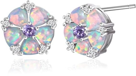 Aliyoham Silver Opal Flower Stud Earrings with Small Amethyst and Little White Crystal Gifts for Women Friends