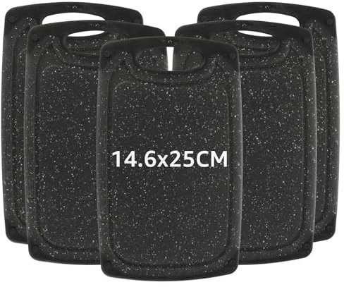 ZOFUN 5 Stück Frühstücksbrettchen Kunststoff Schwarz, 25 x14.6CM Antibakterielle Frühstücksbrettchen Spülmaschinenfest, Schneidebrett Kunststoff Schneidebrett mit Saftrille und Griff