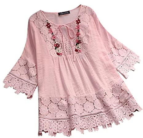Blouse Femme Chic et élégant Dentelle Chic Sexy Chemise en Coton | à Manche 3/4 Décontracté Blouse Ample à Col V Tunique Pas Cher Grande Taille Laçage Chemise Plissé Blouse de Travail