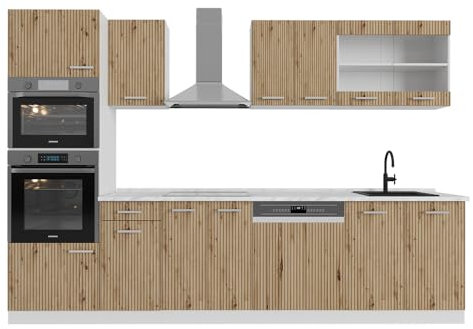Vicco Küchenzeile R-Line, Artisan Eiche/Weiß, 300 cm mit Hochschrank, ohne Arbeitsplatte