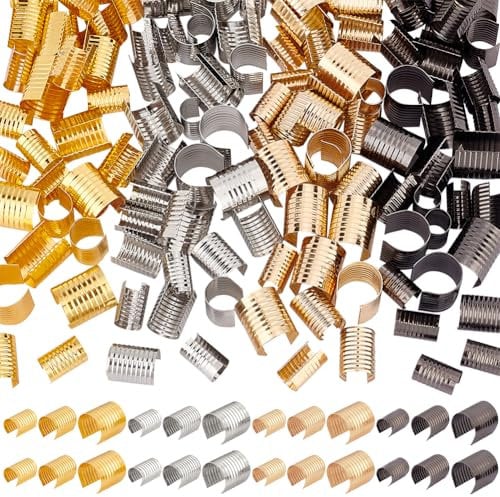 PH PandaHall 120Pcs 4 Colors Leather Rope Clips 3 Size Cylindrical Crimp Beads End Fastener Opening Crimping Cord Clamp for DIY Craft Jute Leather Bracelet Necklace Macrame Tassel