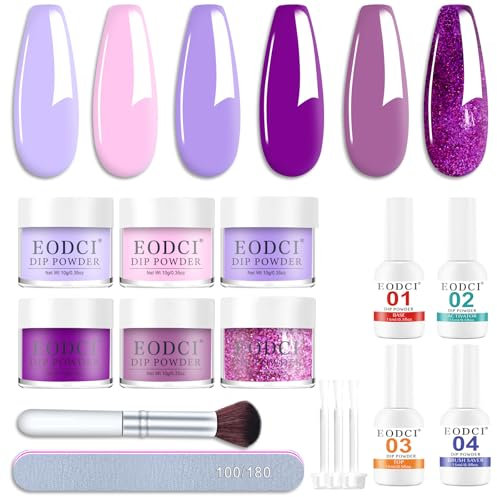 Kit Ongles Poudre de Trempage, 6 Couleurs Rosa Violet Dip Powder Nail Kit Starter avec Top Base Coat Activator & Manucure Tools, Dip Poudre Kit Ongles pour French DIY Home Nail System