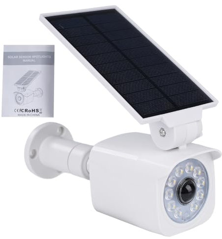 Attrappe Kamera Solarlampen für Außen mit Bewegungsmelder LED Solarleuchten mit Attrappe Außen überwachungskamera 360° drehbarer Sockel 120° drehbares Solarpanel 5V/1.5W 2200mAh IP65 Weiß.