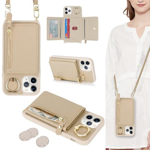 ELTEKER Handyhülle für iPhone 11 Pro Max Hülle mit Band Kartenfach Ringhalterung Geldbörse,Leder Klapphülle Umhängetasche Handytasche für iPhone 11 Pro Max - beige
