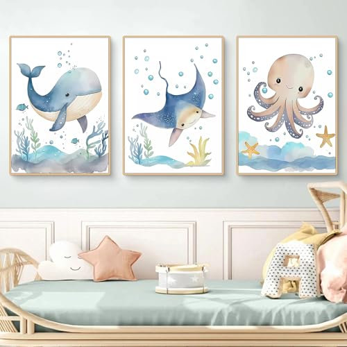 Ueiwffzo 3er Set Poster Bilder Kinderzimmer ohne Rahmen, Niedliche Cartoon Meerestiere Wandbilder, Dekorative Wanddeko Posters für Babyzimmer Kinderzimmer Deko (A,50 x 70 cm)